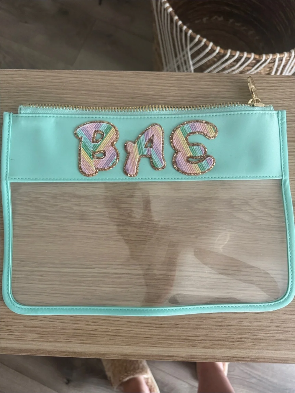 Stoney Clover Lane Mint Green Clear Cosmetic Pouch with Multicolor 'BAG' Patch
